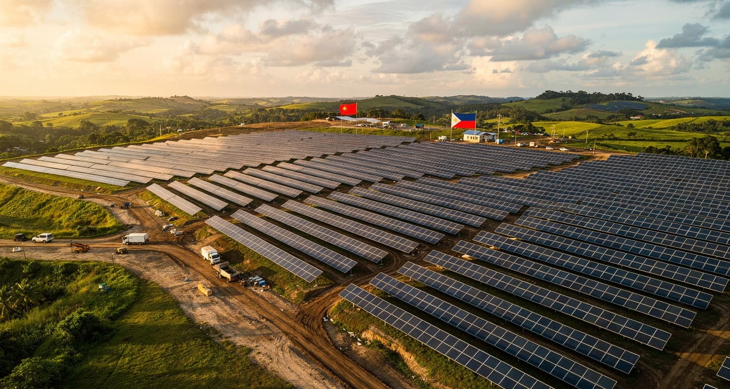 Solar panel field construction in rural Philippines, with flags in background