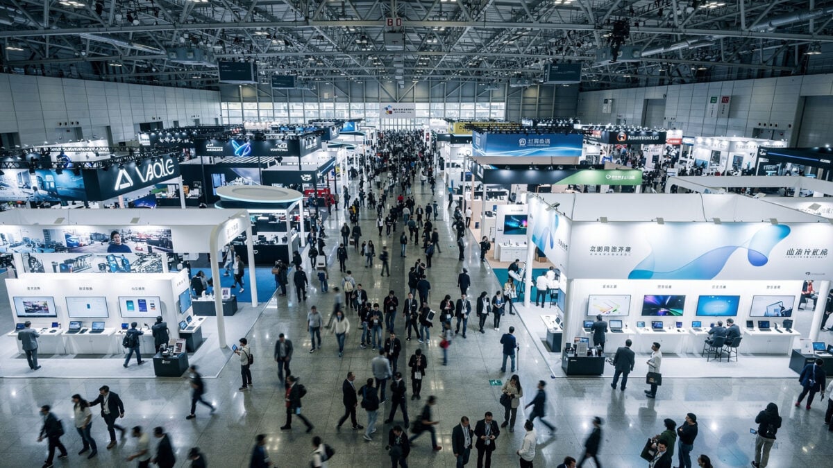 Tech convention floor with booths and attendees, Taipei Nangang Exhibition Center