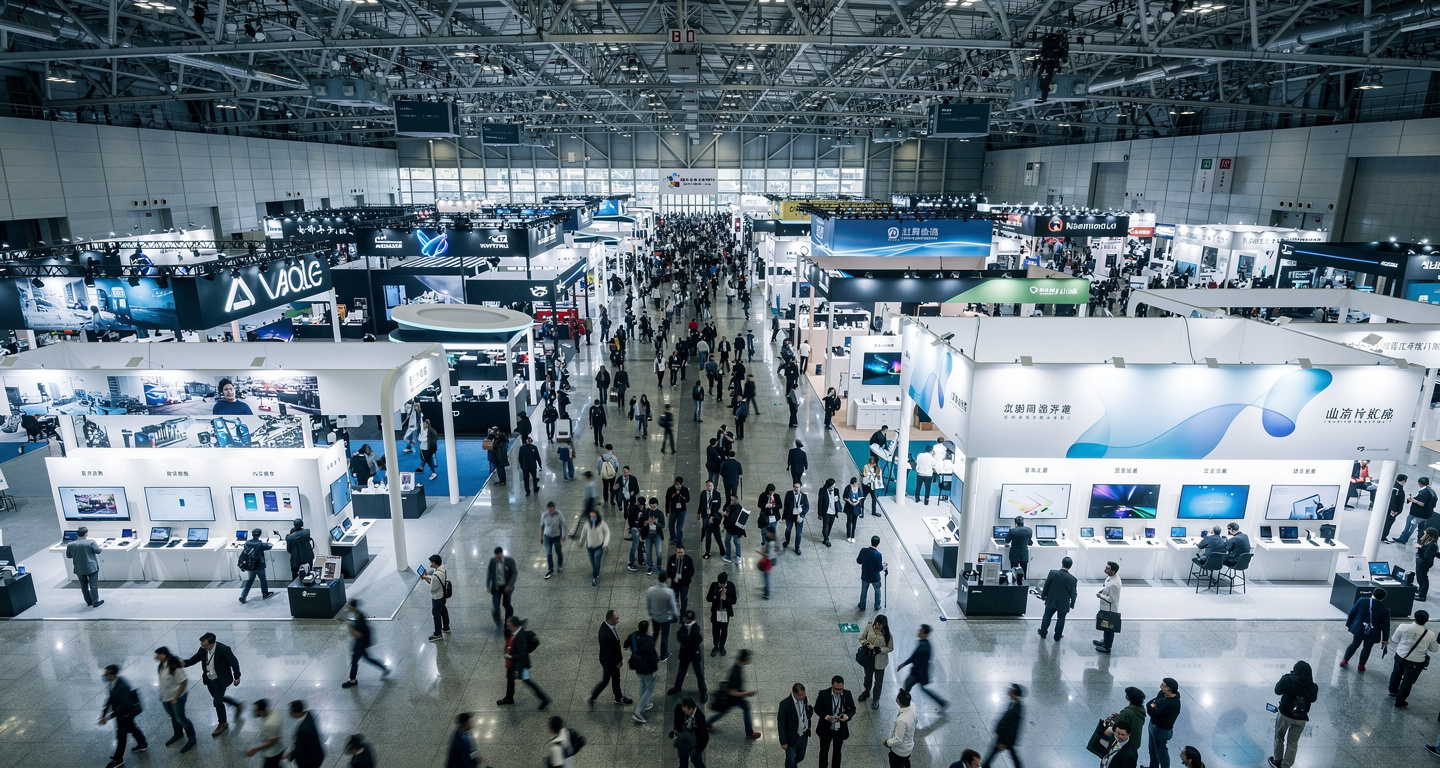 Tech convention floor with booths and attendees, Taipei Nangang Exhibition Center
