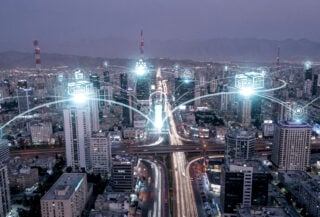 Tehran cityscape with digital network infrastructure visualization, state-controlled internet gateways