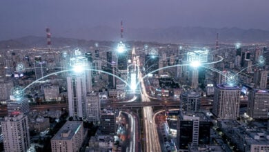 Tehran cityscape with digital network infrastructure visualization, state-controlled internet gateways