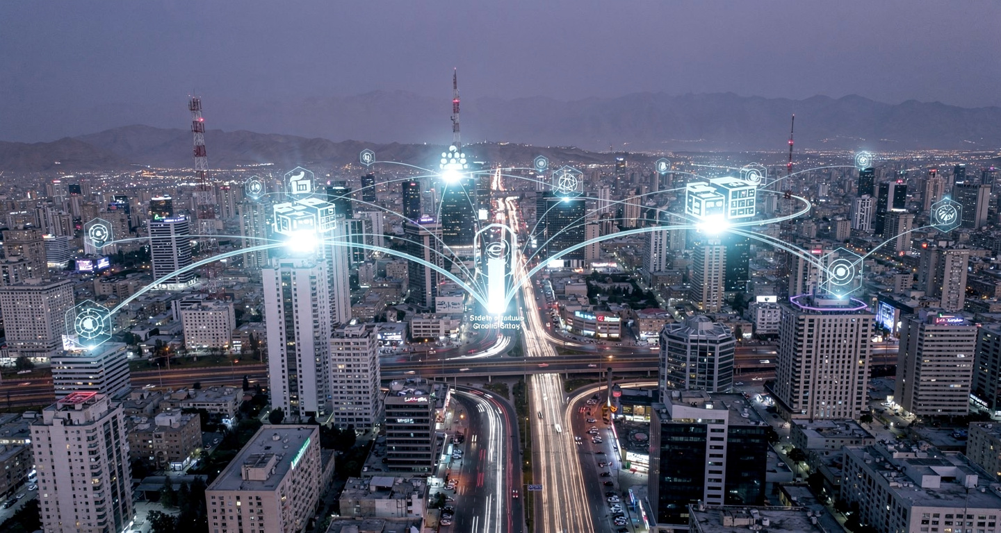 Tehran cityscape with digital network infrastructure visualization, state-controlled internet gateways