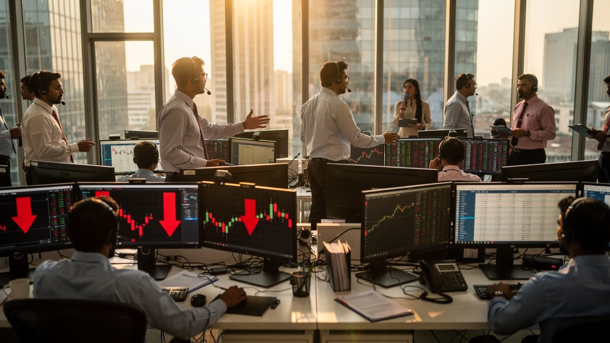 Trading floor in Mumbai with screens showing market data and downward trends