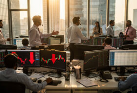 Trading floor in Mumbai with screens showing market data and downward trends