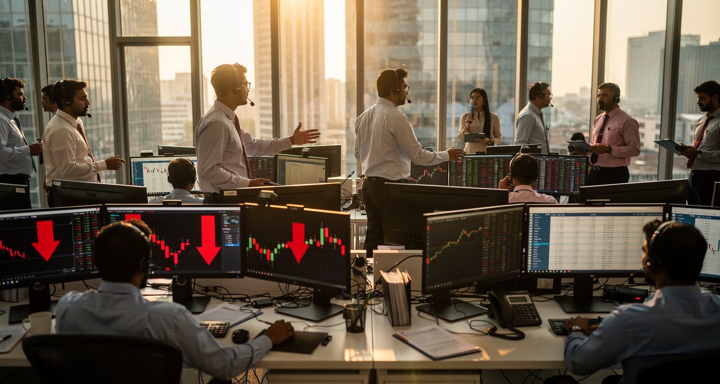 Trading floor in Mumbai with screens showing market data and downward trends