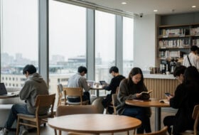 Young adults studying in Seoul library, South Korea, overcast daylight
