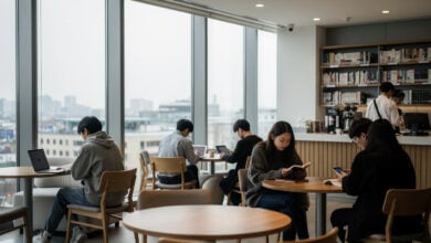 Young adults studying in Seoul library, South Korea, overcast daylight