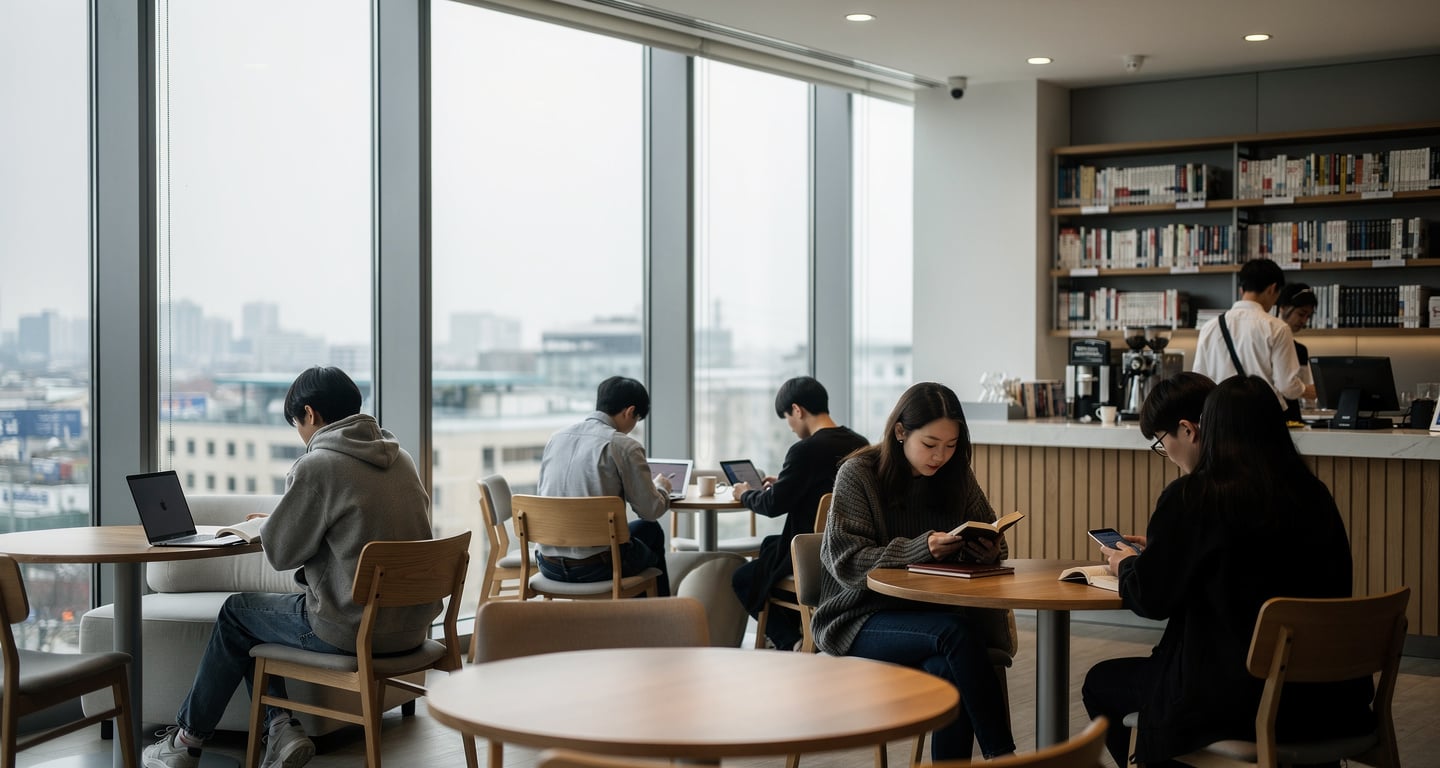 Young adults studying in Seoul library, South Korea, overcast daylight