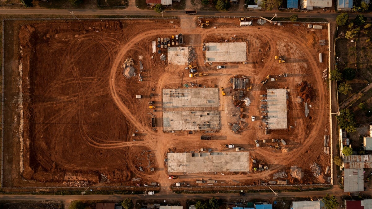 Aerial view of construction site in Myawaddy, Myanmar-Thailand border region