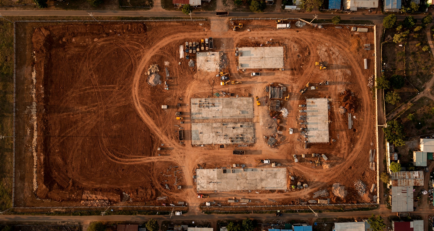 Aerial view of construction site in Myawaddy, Myanmar-Thailand border region