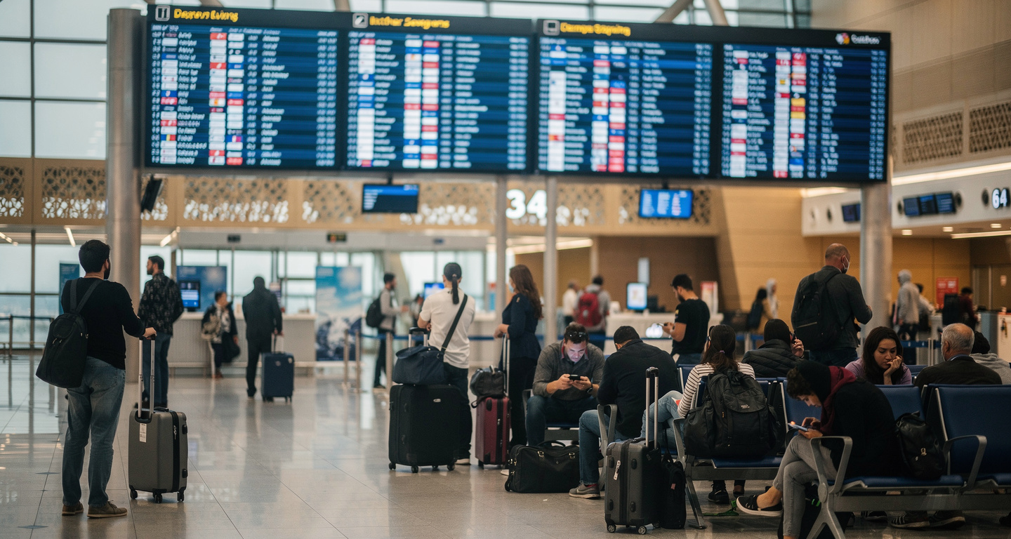 Airport departure board showing flight cancellations, Gulf hub terminal, travellers with luggage