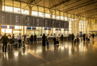 Airport departure hall in Dubai with check-in counters and departure boards, afternoon light