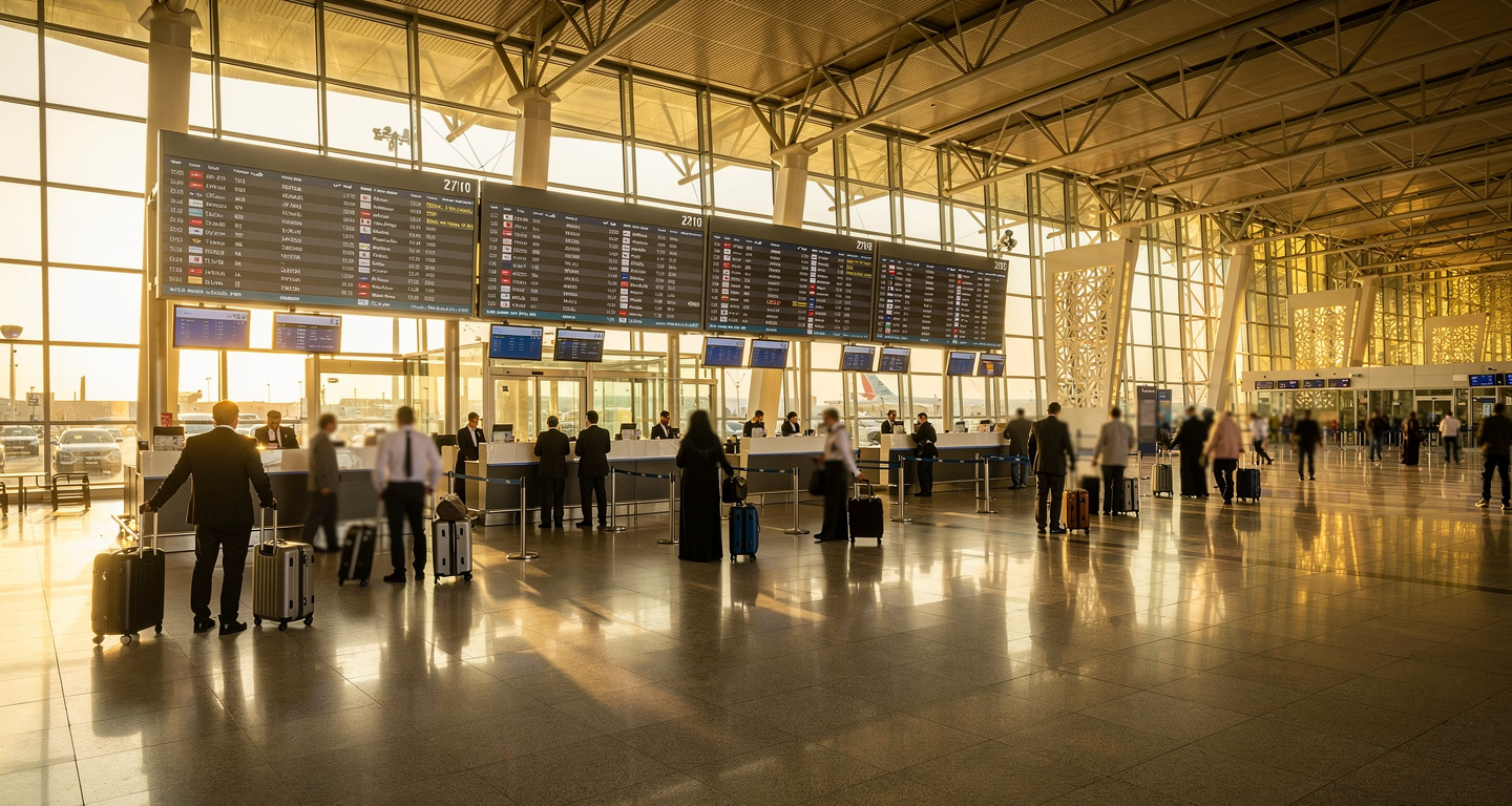 Airport departure hall in Dubai with check-in counters and departure boards, afternoon light