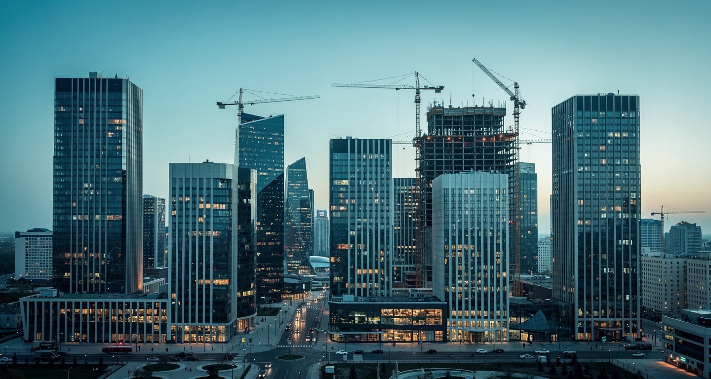 Astana financial district skyline at dusk, Kazakhstan, modern glass towers and construction