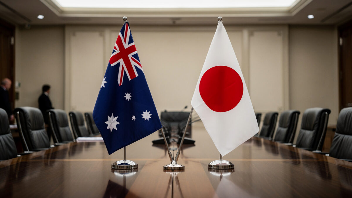 Australian and Japanese flags at diplomatic meeting table, Canberra