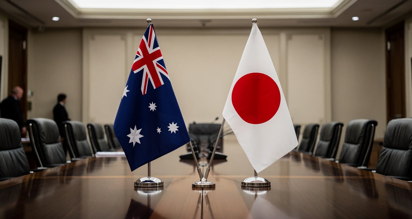 Australian and Japanese flags at diplomatic meeting table, Canberra