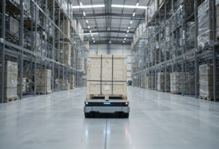 Autonomous electric cargo vehicle moving pallets inside Singapore warehouse facility