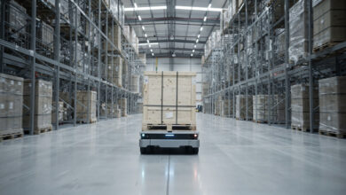 Autonomous electric cargo vehicle moving pallets inside Singapore warehouse facility