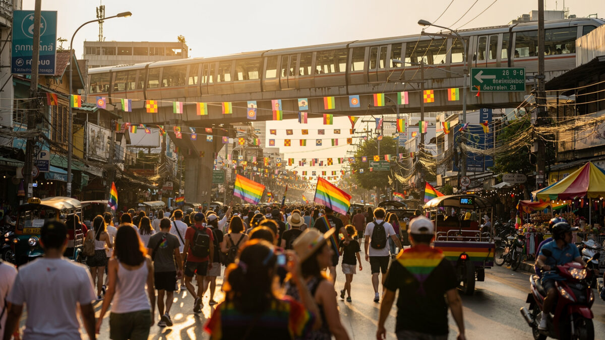 Bangkok Pride festival street scene with rainbow flags and crowds during daytime