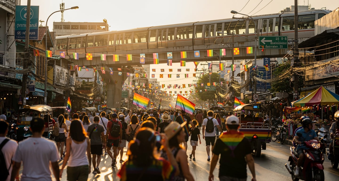 Bangkok Pride festival street scene with rainbow flags and crowds during daytime