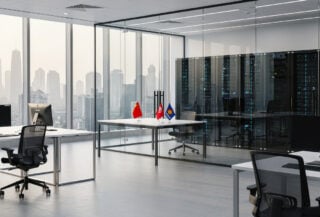 Modern Beijing AI research facility with servers and workstations, ASEAN and Chinese flags visible