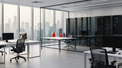 Modern Beijing AI research facility with servers and workstations, ASEAN and Chinese flags visible