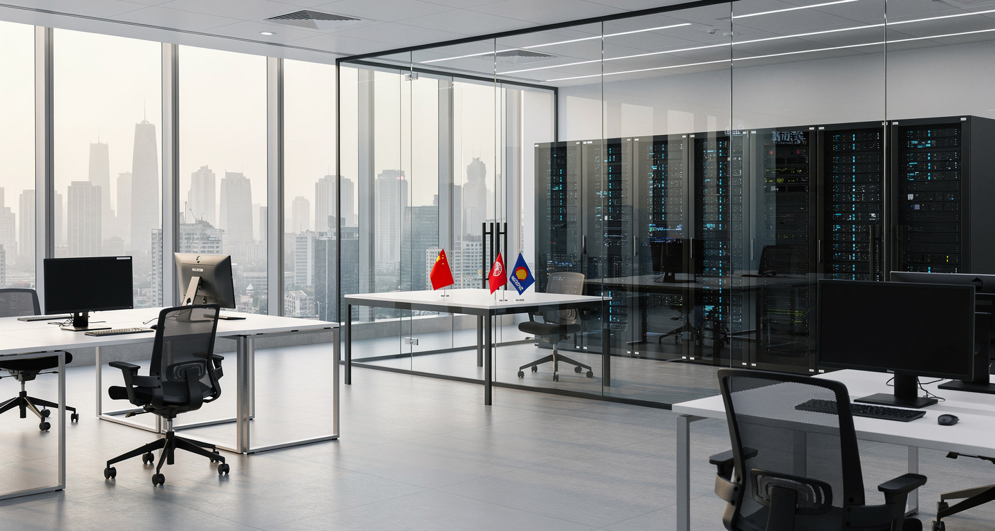 Modern Beijing AI research facility with servers and workstations, ASEAN and Chinese flags visible