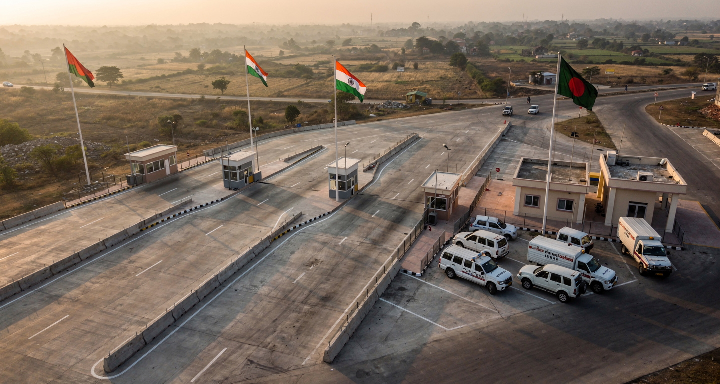 Border checkpoint between India and Bangladesh with concrete barriers and flags at dawn