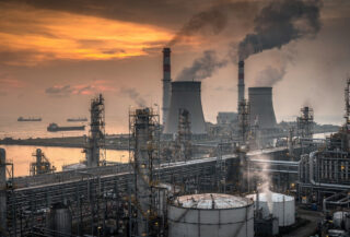 Coal and oil refinery infrastructure along Southeast Asian coast at dusk