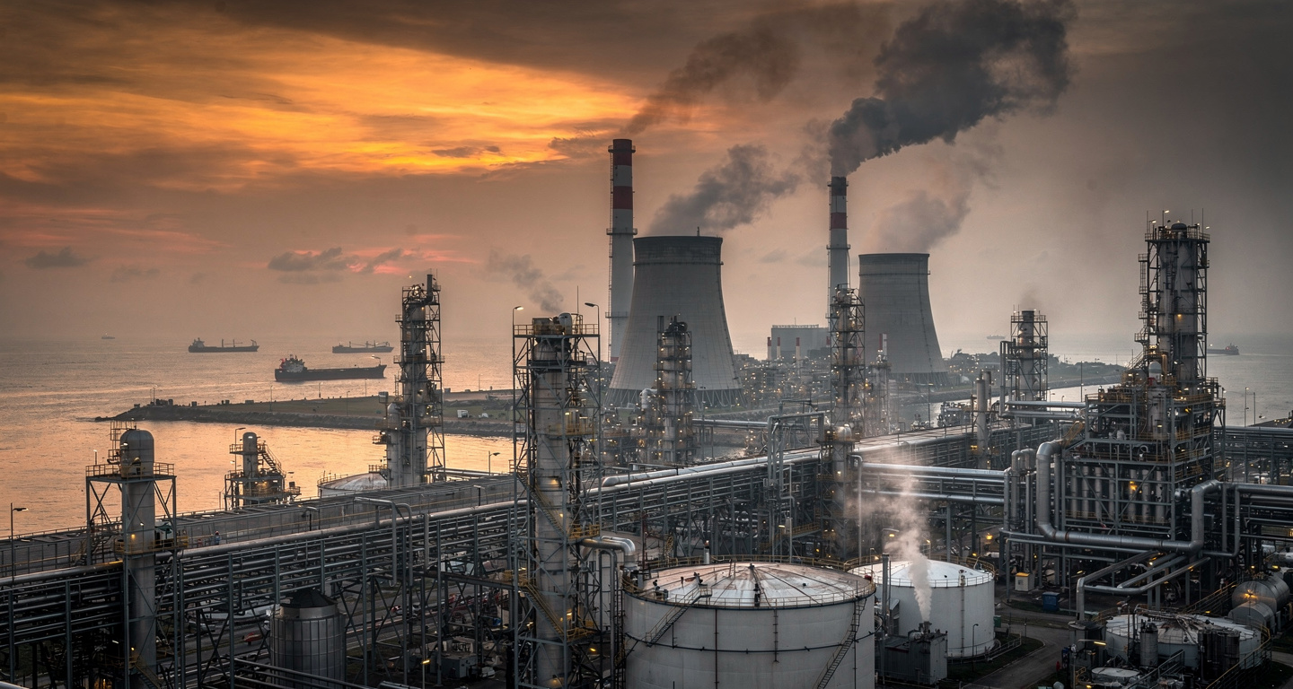Coal and oil refinery infrastructure along Southeast Asian coast at dusk