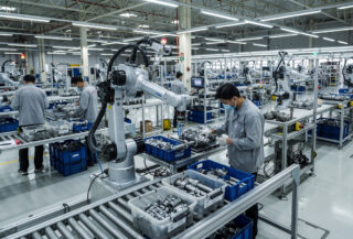 Collaborative robot with integrated vision cameras on automotive assembly line, Bangkok factory floor