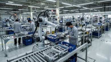 Collaborative robot with integrated vision cameras on automotive assembly line, Bangkok factory floor