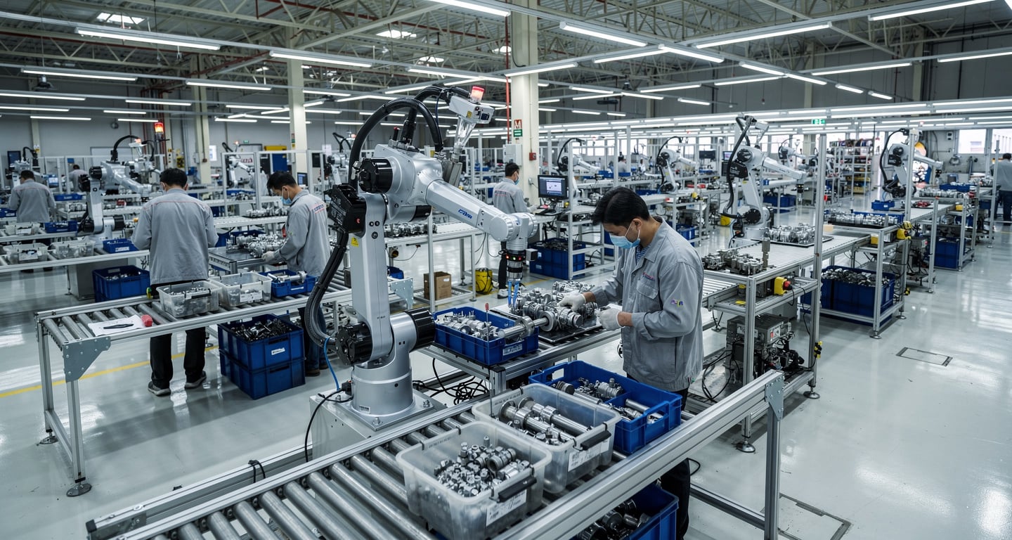Collaborative robot with integrated vision cameras on automotive assembly line, Bangkok factory floor