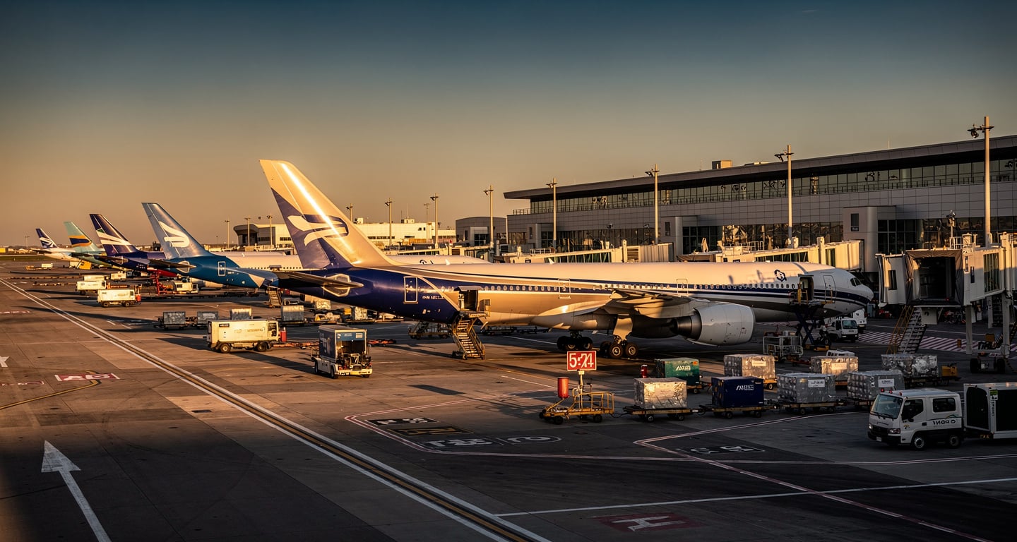 Commercial aircraft parked at international airport gates during busy operations