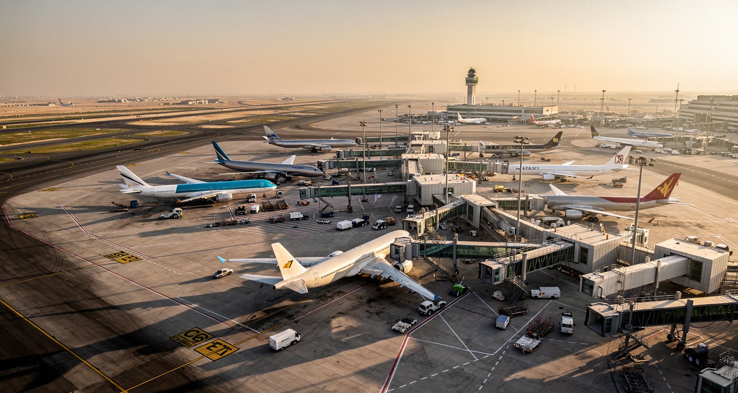 Commercial aircraft parked at international airport hub, Middle East region, golden hour lighting