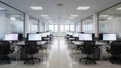 Commercial office floors in Colombo business district, multiple workstations and desks