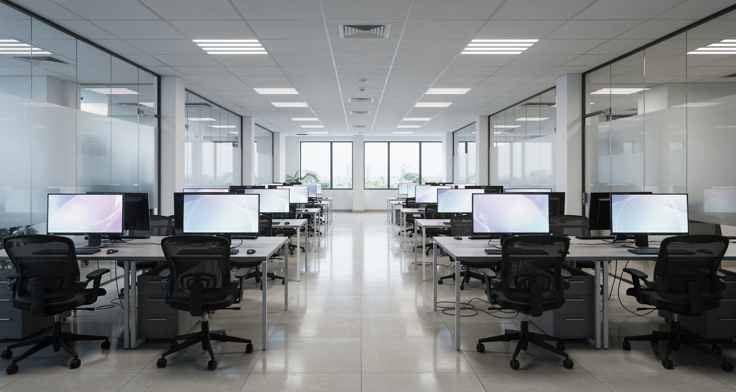 Commercial office floors in Colombo business district, multiple workstations and desks