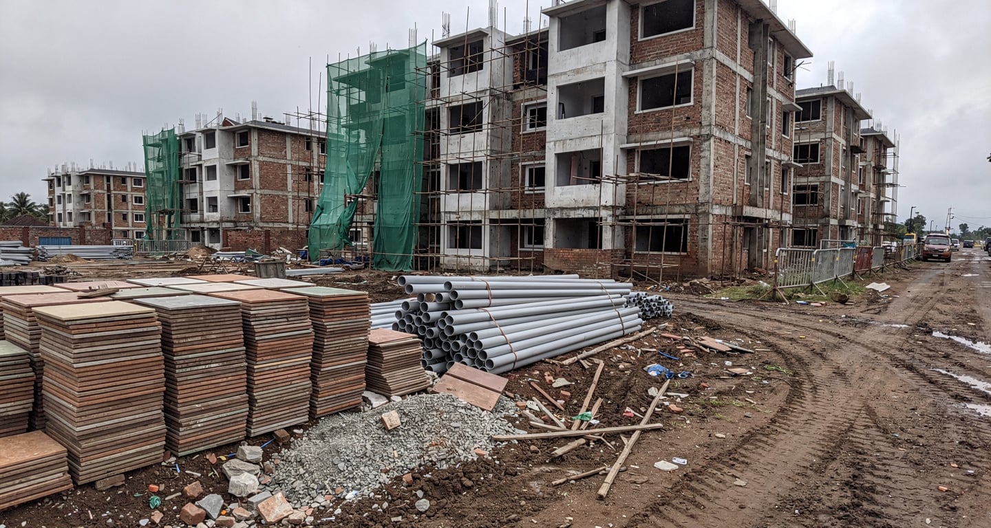 Construction materials and apartment building site in Kochi, Kerala