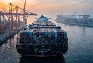 Container ship loaded with electric vehicles at Southeast Asian port, dawn light
