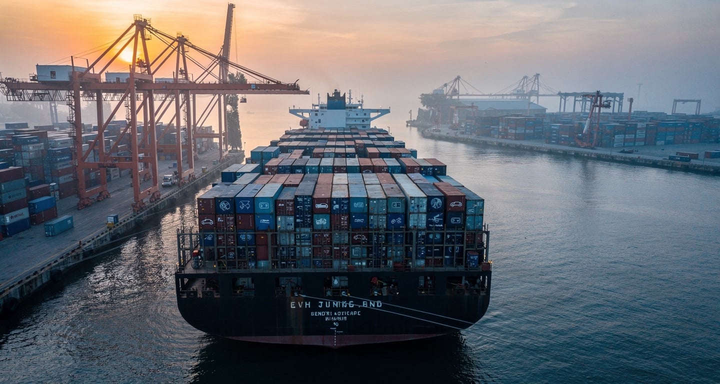 Container ship loaded with electric vehicles at Southeast Asian port, dawn light