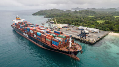 Container ship at small Pacific island port with stacked cargo containers