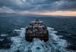 Container ship transiting Strait of Hormuz under overcast dawn sky