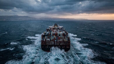 Container ship transiting Strait of Hormuz under overcast dawn sky