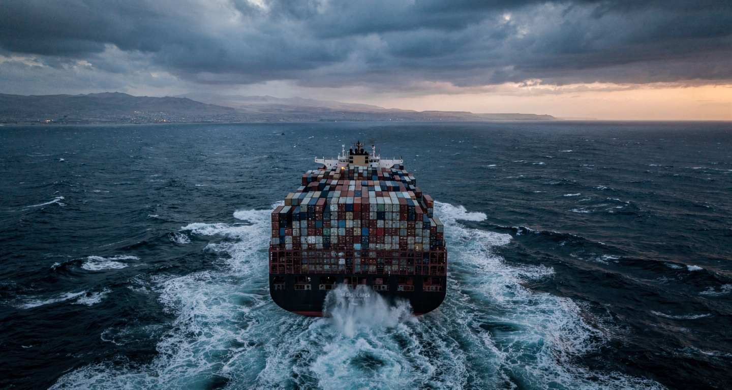 Container ship transiting Strait of Hormuz under overcast dawn sky