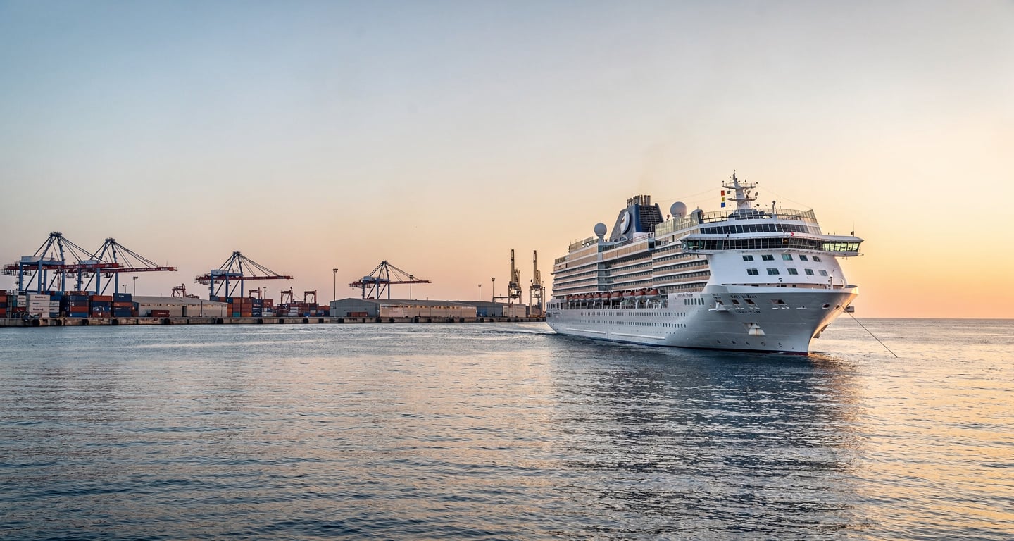 Cruise ship departing Mediterranean port at dawn, Eastern Mediterranean Sea