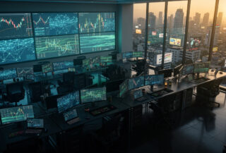 Cryptocurrency exchange trading interface with blockchain data visualization and Southeast Asian cityscape