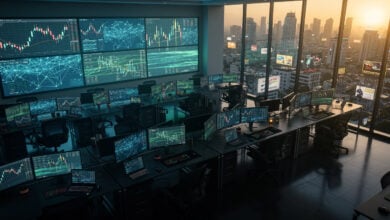 Cryptocurrency exchange trading interface with blockchain data visualization and Southeast Asian cityscape