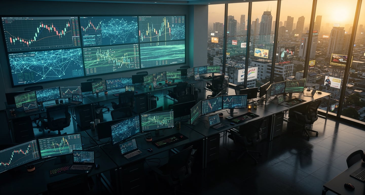 Cryptocurrency exchange trading interface with blockchain data visualization and Southeast Asian cityscape