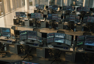 Currency trading floor with exchange rate displays and oil price charts, Kuala Lumpur