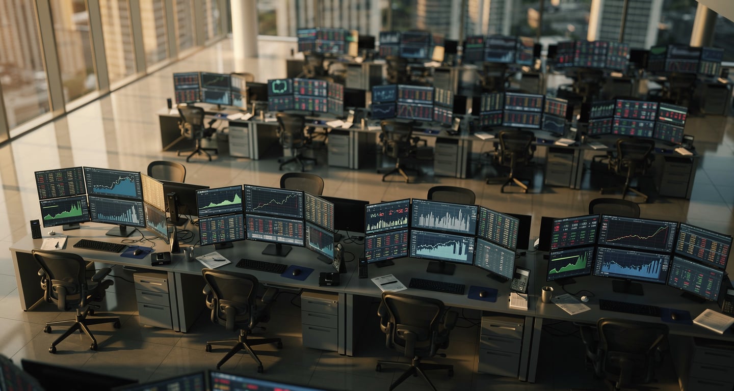 Currency trading floor with exchange rate displays and oil price charts, Kuala Lumpur